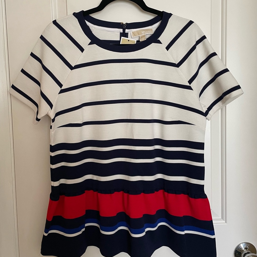 NWT Women’s Michael Kors Navy, White & Red Striped Peplum Top